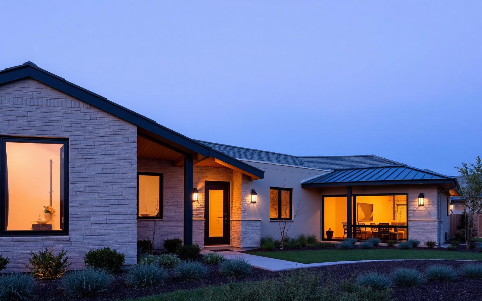 A warm, modern home at dusk